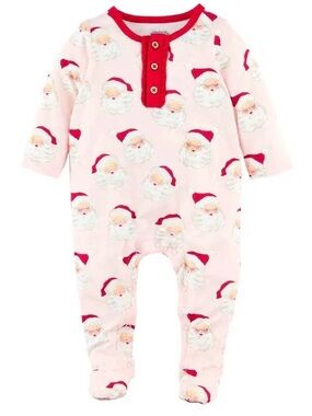 Mud Pie Pink Vintage Santa Print Footed One-Piece 0/3 nwt